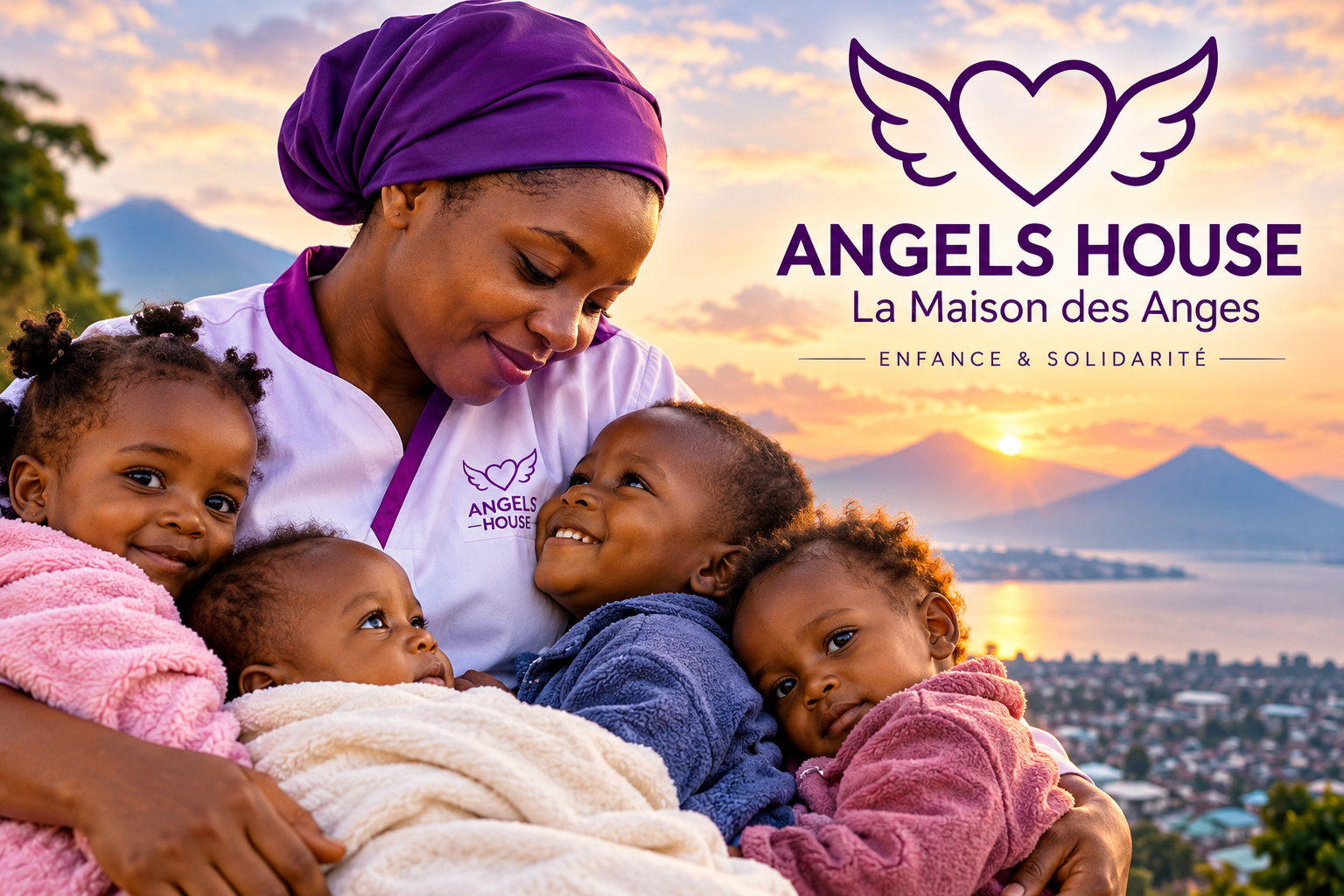 Illustration ANGELS HOUSE, La Maison des Anges : une éducatrice entourée de jeunes enfants